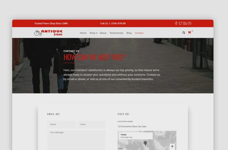 May include: Screenshot of an antique store website. The top banner is red with white text and social media icons. The website includes a contact form and a map. The text reads "Antique Store" and "How can we help you?"