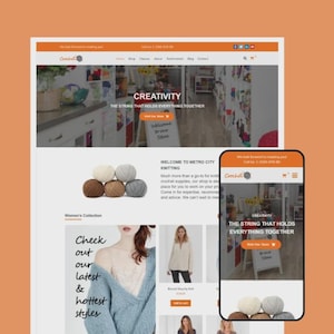 Könnte beinhalten: Eine Website und ein Smartphone zeigen die Homepage eines Strickgeschäfts. Die Website zeigt den Text "CREATIVITY THE STRING THAT HOLDS EVERYTHING TOGETHER." Das Smartphone zeigt denselben Text. Die Website zeigt auch Wollknäuel und Damenbekleidung.