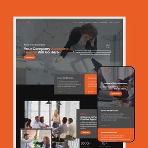 Könnte beinhalten: Ein Website-Design-Mockup mit Desktop- und Mobilansicht. Das Design verwendet Orange, Grau und Weiß. Der Text enthält "Your Company Awesome Tagline Will Go Here" und "Welcome to Flo Creative Agency."