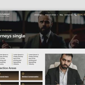May include: Website screenshot for an injury lawyer. The top banner includes the law firm's logo, navigation links, and a phone number. The main image features a man in a suit. The page also includes sections for practice areas and a photo of another attorney.
