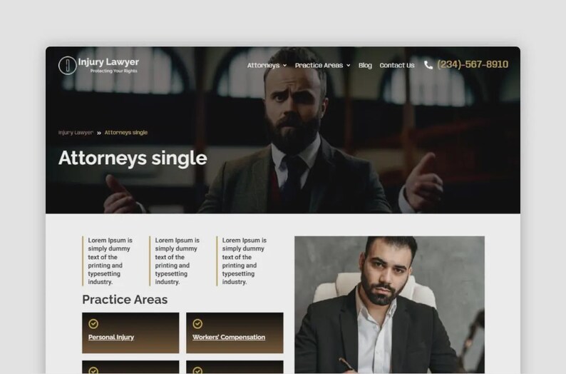 May include: Website screenshot for an injury lawyer. The top banner includes the law firm's logo, navigation links, and a phone number. The main image features a man in a suit. The page also includes sections for practice areas and a photo of another attorney.