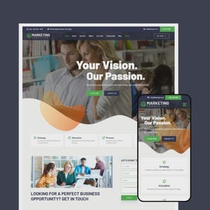 May include: A website design and a mobile phone screen displaying a marketing consultant's website. The website features the text "Your Vision. Our Passion." and "LOOKING FOR A PERFECT BUSINESS OPPORTUNITY? GET IN TOUCH."