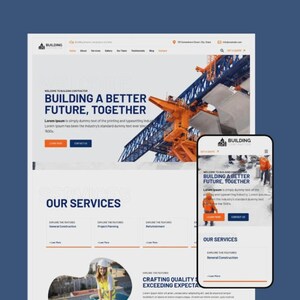 Puede incluir: Diseño web para una empresa constructora, mostrado en escritorio y móvil. El diseño incluye el texto "BUILDING A BETTER FUTURE, TOGETHER" y destaca servicios como construcción general y planificación de proyectos.