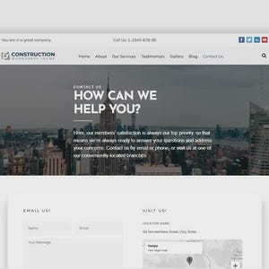 May include: A website design for a construction company. The header includes the company logo, navigation links, and social media icons. The main section features the text "HOW CAN WE HELP YOU?" over a cityscape.