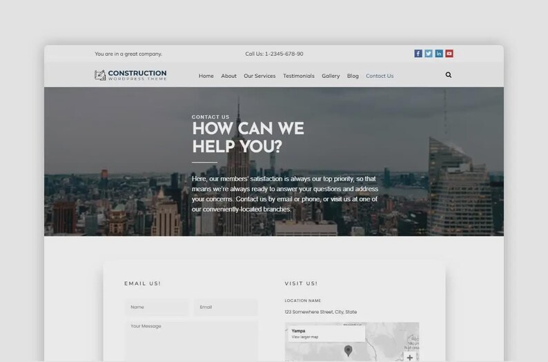 May include: A website design for a construction company. The header includes the company logo, navigation links, and social media icons. The main section features the text "HOW CAN WE HELP YOU?" over a cityscape.