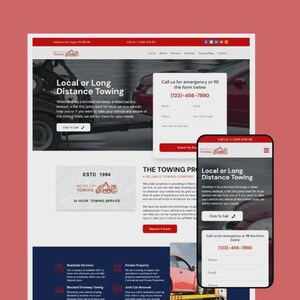 May include: A website and a smartphone display a towing service advertisement. The website features the text "Local or Long Distance Towing" and a phone number. The smartphone shows the same information, including a call button.