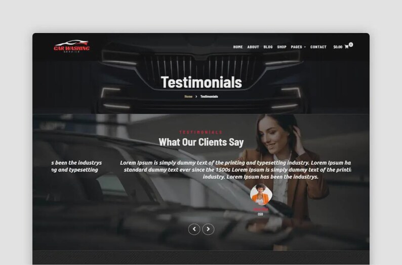 K&ouml;nnte beinhalten: Webdesign f&uuml;r einen Autowaschservice, mit dunklem Thema und einem Autobild. Die Seite zeigt das Wort "Testimonials" und den Text "What Our Clients Say" zusammen mit Platzhaltertext.