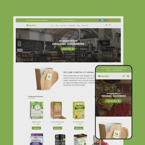 Op de afbeelding: Website-ontwerp voor "Herbal" met een groen-wit kleurenschema. De website toont de tekst "AN ABUNDANCE OF ORGANIC GOODNESS" en presenteert verschillende kruidenproducten. Een mobiele telefoon toont de mobiele versie van de website.