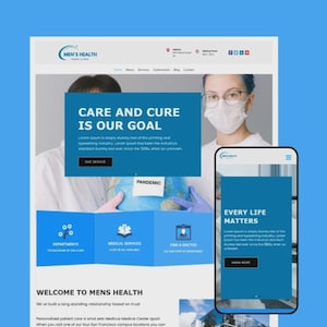 Peut inclure: Conception de site Web pour Men's Health, avec une palette de couleurs bleue et blanche. La conception comprend le texte "CARE AND CURE IS OUR GOAL" et "EVERY LIFE MATTERS". Un smartphone affiche la version mobile du site Web.