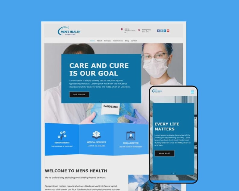 Puede incluir: Un dise&ntilde;o de sitio web para Men's Health, con una combinaci&oacute;n de colores azul y blanco. El dise&ntilde;o incluye el texto "CARE AND CURE IS OUR GOAL" y "EVERY LIFE MATTERS". Un tel&eacute;fono inteligente muestra la versi&oacute;n m&oacute;vil del sitio web.