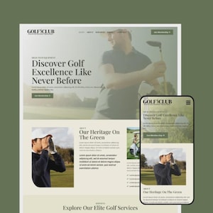 Könnte beinhalten: Webdesign für einen Golfclub mit dem Text "GOLF CLUB" und "Discover Golf Excellence Like Never Before". Das Design umfasst Bilder von Golfspielern und ein Handy-Mockup, das die Website anzeigt.