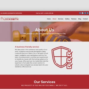 Op de afbeelding: Schermafbeelding van een website voor een slotenmakersbedrijf. De site heeft een rood-wit kleurenschema met het bedrijfslogo en contactgegevens bovenaan. De pagina bevat secties voor 'Over ons' en 'Onze diensten'.