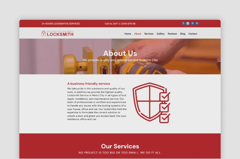 Op de afbeelding: Schermafbeelding van een website voor een slotenmakersbedrijf. De site heeft een rood-wit kleurenschema met het bedrijfslogo en contactgegevens bovenaan. De pagina bevat secties voor 'Over ons' en 'Onze diensten'.