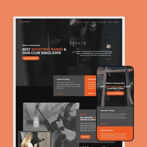 Puede incluir: Diseño de sitio web para un campo de tiro y club de armas, mostrado en un ordenador de sobremesa y un teléfono móvil. El diseño presenta un esquema de color oscuro con acentos naranjas. El texto dice "BEST SHOOTING RANGE & GUN CLUB SINCE 2009".