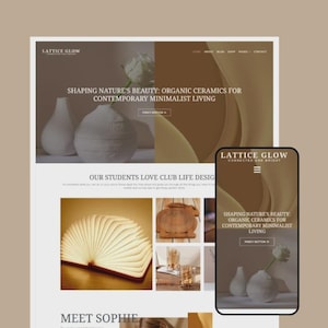 Peut inclure: Présentation d'un site web pour "Lattice Glow" mettant en avant des céramiques organiques pour une vie minimaliste contemporaine. Le design comprend des images de vases en céramique et une maquette de téléphone portable.