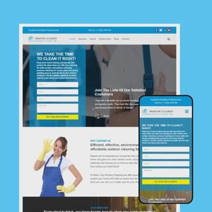 Può includere: Design del sito web per un servizio di pulizia vetri, mostrato su desktop e cellulare. La versione desktop mostra un modulo e il testo "WE TAKE THE TIME TO CLEAN IT RIGHT!". La versione mobile rispecchia il layout del desktop.