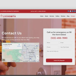 Op de afbeelding: Schermafbeelding van een website voor een slotenmakersbedrijf. De site heeft een rode koptekst met de tekst "24 HOURS LOCKSMITHS SERVICES" en een telefoonnummer. De hoofdinhoud bevat een "Contact Us" sectie, een kaart en een formulier.
