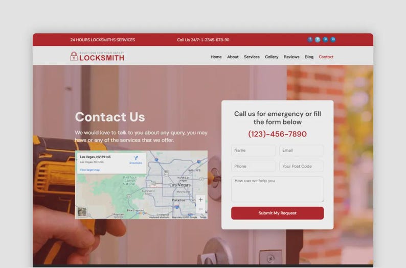 Op de afbeelding: Schermafbeelding van een website voor een slotenmakersbedrijf. De site heeft een rode koptekst met de tekst "24 HOURS LOCKSMITHS SERVICES" en een telefoonnummer. De hoofdinhoud bevat een "Contact Us" sectie, een kaart en een formulier.