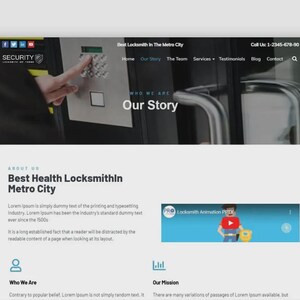 May include: A website screenshot featuring the text "Best Locksmith In The Metro City" and "Our Story." The site includes social media icons, a phone number, and a search bar. A hand is shown interacting with a keypad.