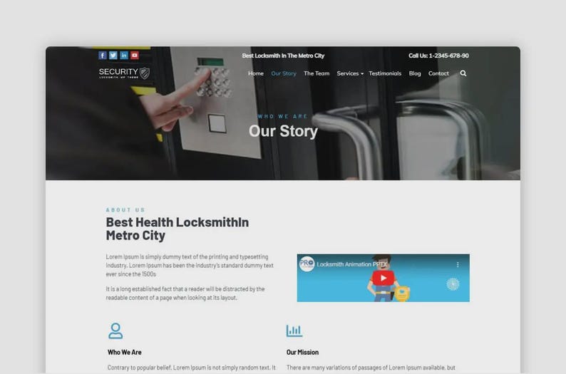 May include: A website screenshot featuring the text "Best Locksmith In The Metro City" and "Our Story." The site includes social media icons, a phone number, and a search bar. A hand is shown interacting with a keypad.