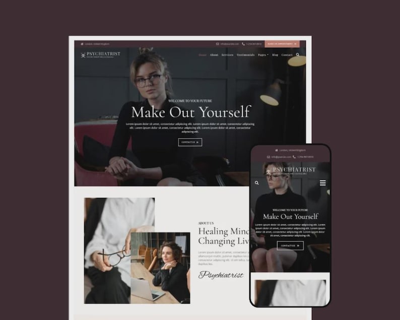 May include: A website design for a psychiatrist, featuring a desktop and mobile view. The desktop view shows a woman in glasses with the text "Make Out Yourself." The mobile view mirrors the desktop design. Additional images are included.