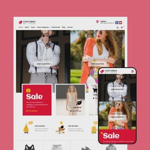 May include: A website design for an online clothing store, featuring a desktop and mobile view. The website has a pink background and displays images of men's and women's clothing. The text includes "COSTUMES" and "SHOP COLLECTION". A red banner announces a sale.