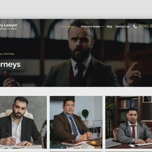 May include: A website screenshot featuring the text "Injury Lawyer Protecting Your Rights" at the top. The page displays the word "Attorneys" and images of three attorneys. The website's color scheme is primarily white, black, and gold.