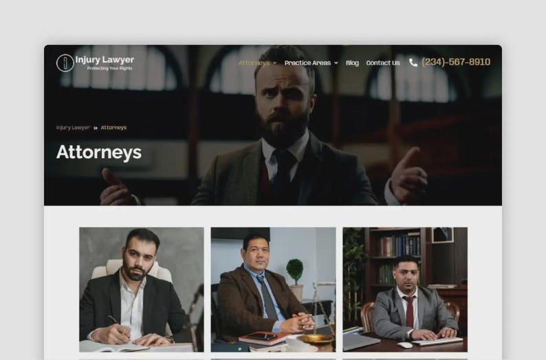 May include: A website screenshot featuring the text "Injury Lawyer Protecting Your Rights" at the top. The page displays the word "Attorneys" and images of three attorneys. The website's color scheme is primarily white, black, and gold.