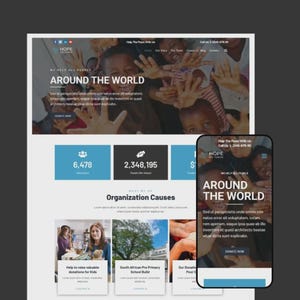 Puede incluir: Diseño de sitio web con la palabra "HOPE" en la parte superior, con la frase "AROUND THE WORLD" e imágenes de niños. Un teléfono móvil muestra el sitio web. El sitio incluye información sobre donaciones y causas de organizaciones.