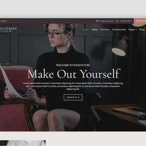 May include: Website homepage for a psychiatrist's office. The page features a woman wearing glasses and a black outfit, holding a paper. The text on the page reads "Make Out Yourself" and "Contact Us".