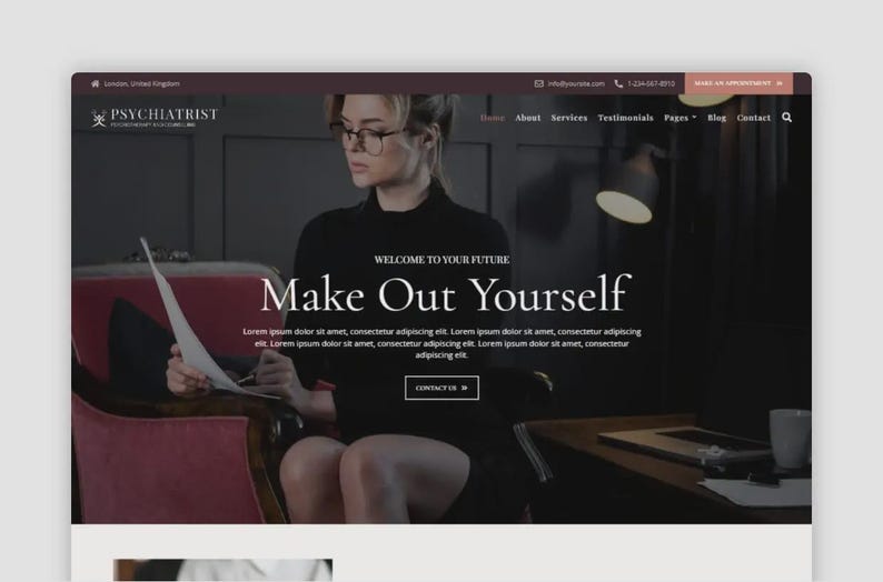 May include: Website homepage for a psychiatrist's office. The page features a woman wearing glasses and a black outfit, holding a paper. The text on the page reads "Make Out Yourself" and "Contact Us".