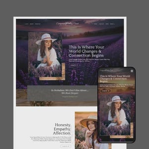 May include: A website design on a desktop and a mobile phone. The website features a woman in a white dress and hat in a lavender field. Text on the website reads "This Is Where Your World Changes & Connection Begins."