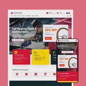Op de afbeelding: Website-ontwerp voor "Car Accessories" op een roze achtergrond. De website heeft een autoreparatiethema met tekst als "Car Spares OEM & Atermarkets" en "SALE UP TO 20% OFF". Een smartphone toont de website.