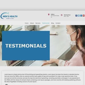 Puede incluir: Una captura de pantalla del sitio web de Men's Health Home Clinic. El sitio presenta una pancarta azul con la palabra "TESTIMONIALS" en blanco. El logotipo de la cl&iacute;nica est&aacute; en la parte superior y se ve una persona con mascarilla.