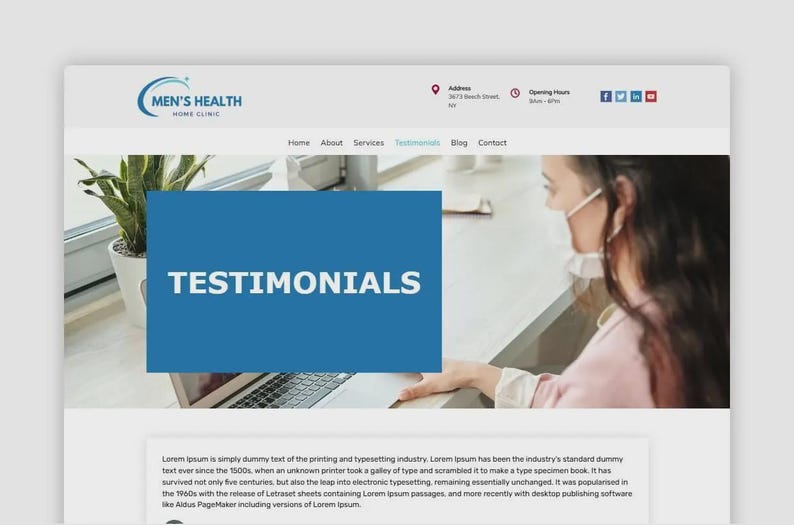 Puede incluir: Una captura de pantalla del sitio web de Men's Health Home Clinic. El sitio presenta una pancarta azul con la palabra "TESTIMONIALS" en blanco. El logotipo de la cl&iacute;nica est&aacute; en la parte superior y se ve una persona con mascarilla.