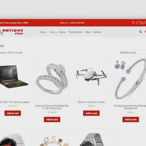 May include: Screenshot of an online antique store's website. The page showcases items like a laptop, rings, a drone, and a bracelet. The top banner reads "Trusted Pawn Shop Since 1996" and includes contact details.
