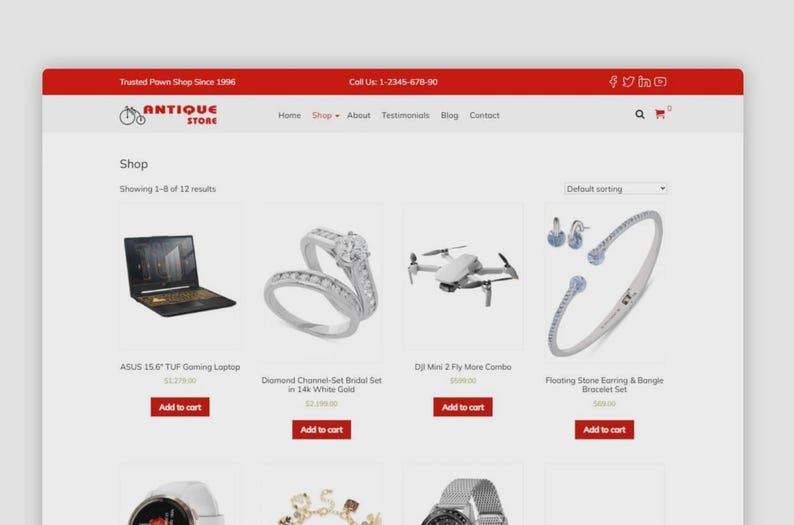 May include: Screenshot of an online antique store's website. The page showcases items like a laptop, rings, a drone, and a bracelet. The top banner reads "Trusted Pawn Shop Since 1996" and includes contact details.