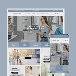 Peut inclure: Conception de site web pour un magasin de meubles, affichée sur un ordinateur de bureau et un téléphone mobile. Le site web présente des images de meubles, avec le texte "Transformez votre espace avec nos meubles". La palette de couleurs est principalement bleue et blanche.