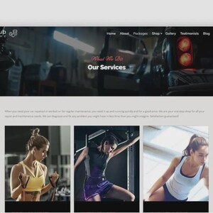 May include: Website screenshot for a gym club. The top banner displays the text "Gym Club" and navigation links. Below, the text "What We Do" and "Our Services" are featured. Three images below showcase women exercising.