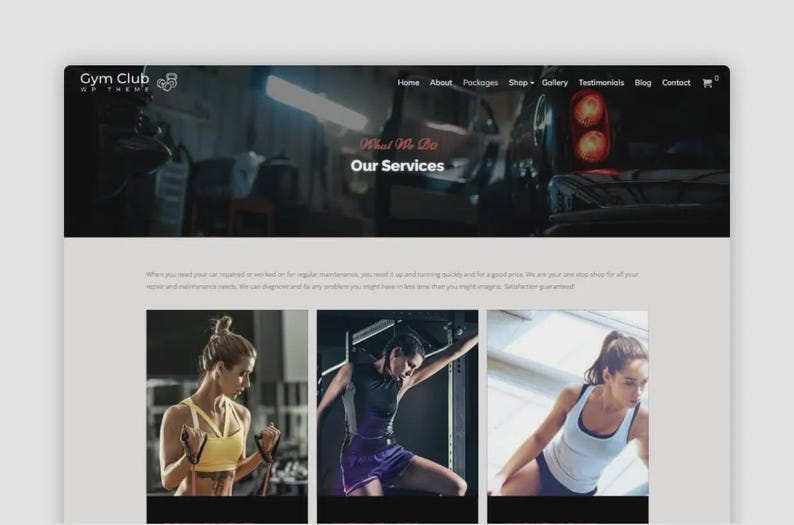 May include: Website screenshot for a gym club. The top banner displays the text "Gym Club" and navigation links. Below, the text "What We Do" and "Our Services" are featured. Three images below showcase women exercising.