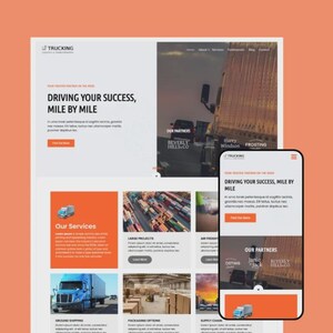 Può includere: Un design di sito web per un'azienda di autotrasporti, visualizzato su un desktop e un telefono cellulare. Il sito web presenta uno schema di colori arancione e bianco con il testo "DRIVING YOUR SUCCESS, MILE BY MILE". Il telefono cellulare mostra lo stesso design del sito web.