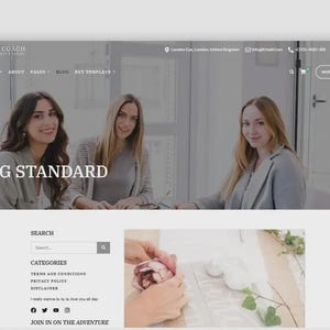 May include: A website design with the text "BUSINESS COACH" at the top, and navigation links for Home, Shop, About, Pages, Blog, and Buy Template. The words "BLOG STANDARD" are displayed. The site includes a search bar, categories, and social media icons.