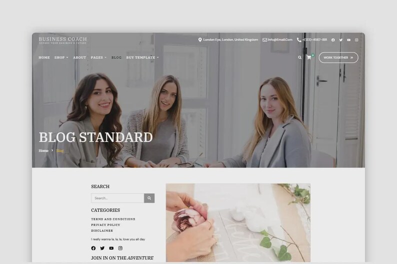 May include: A website design with the text "BUSINESS COACH" at the top, and navigation links for Home, Shop, About, Pages, Blog, and Buy Template. The words "BLOG STANDARD" are displayed. The site includes a search bar, categories, and social media icons.