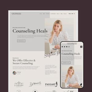 May include: A website design for a counseling service, featuring a desktop and mobile view. The desktop version displays the text "Counseling Heals" and "We Offer Effective & Secure Counseling." The mobile version mirrors the desktop layout. A woman is shown in the image.