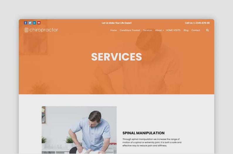 Puede incluir: Dise&ntilde;o de sitio web para un quiropr&aacute;ctico, con un encabezado naranja con la palabra "SERVICIOS" en blanco. El sitio web incluye una foto de un quiropr&aacute;ctico que realiza una manipulaci&oacute;n espinal. El texto "Let Us Make Your Life Easier!" tambi&eacute;n es visible.