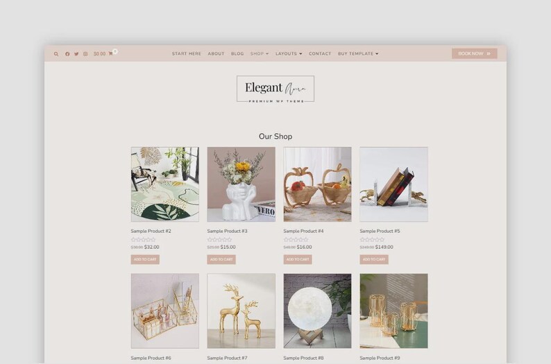 Op de afbeelding: Een website-mockup met een online shop met diverse woondecoratie-artikelen. Uitgelichte producten zijn onder meer een decoratief tapijt, een vaas met bloemen, fruitmanden, boekensteunen, een make-up organizer, gouden hertenbeeldjes en decoratieve glazen.