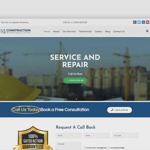May include: Screenshot of a construction company website. The site uses a blue and white colour scheme, displaying the company logo, navigation menu, and contact details. The main banner states "SERVICE AND REPAIR". A call to action button is visible.