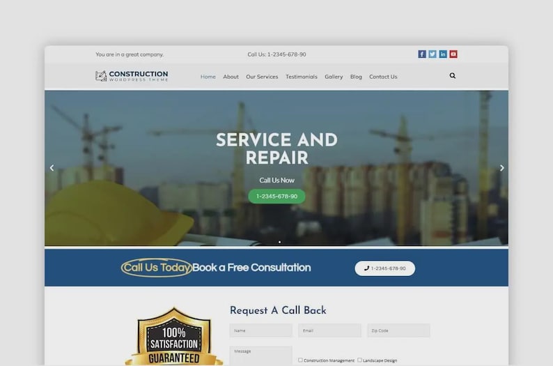 May include: Screenshot of a construction company website. The site uses a blue and white colour scheme, displaying the company logo, navigation menu, and contact details. The main banner states "SERVICE AND REPAIR". A call to action button is visible.