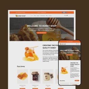 Op de afbeelding: Een website-mockup voor Honey Shop, met een online winkel met een honingthema. Het ontwerp bevat een desktopweergave en een mobiele telefoonweergave, beide met honingpotten, honingraten en tekst met de tekst "Welkom bij Honey Shop" en "Het creëren van de puurste kwaliteitshoning."