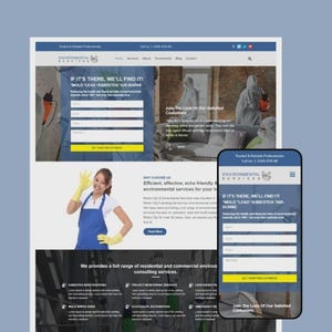 May include: A website design for Environmental Services, featuring a desktop and mobile view. The website has a blue and white color scheme with a form to get a free estimate. The text reads "IF IT'S THERE, WE'LL FIND IT!"